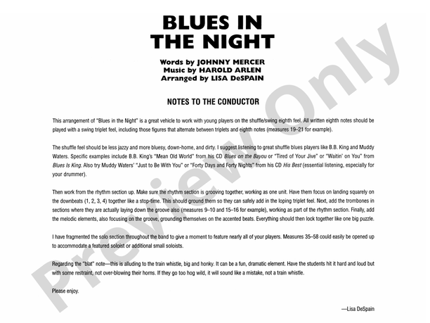 Blues in the Night (Arr. Lisa DeSpain) - Jazz Ensemble Conductor Score & Parts (Digital Download)