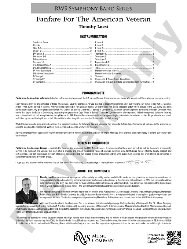 Fanfare For The American Veteran - Concert Band Conductor Score & Parts(Digital Download)