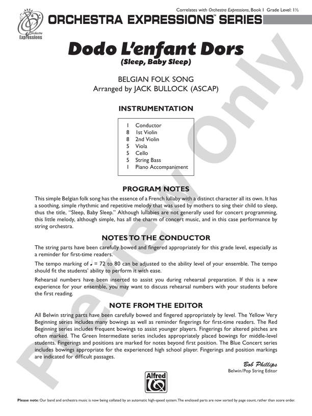 Dodo L'enfant Dors (Sleep, Baby Sleep) – String Orchestra Conductor Score & Parts (Digital Download)