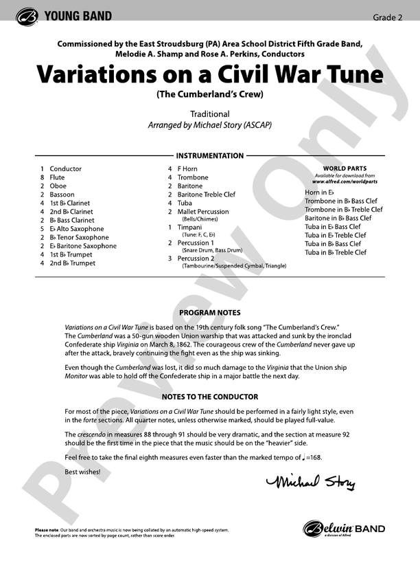 Variations on a Civil War Tune - Concert Band Conductor Score & Parts (Digital Download)