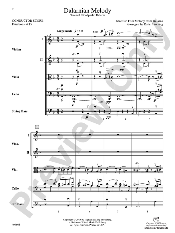 Dalarnian Melody – String Orchestra Conductor Score & Parts (Digital Download)