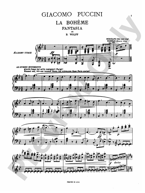 Puccini - La Boheme Fantasy (Transcr. Bernhard Wolff) - Piano Solo (Digital Download)