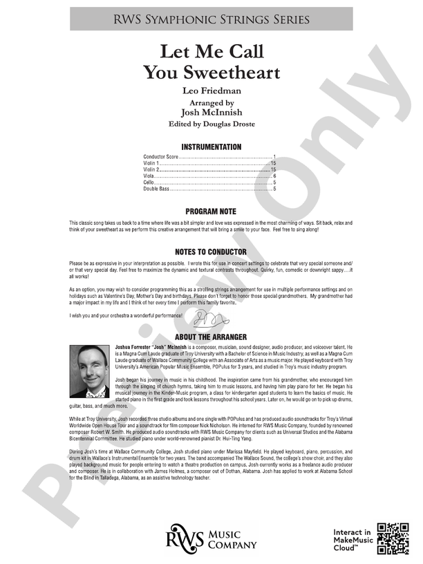 Let Me Call You Sweetheart - String Orchestra Conductor Score & Parts (Digital Download)