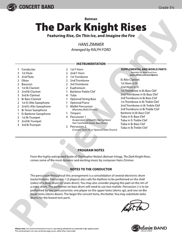 Batman: The Dark Knight Rises - Concert Band Conductor Score & Parts (Digital Download)