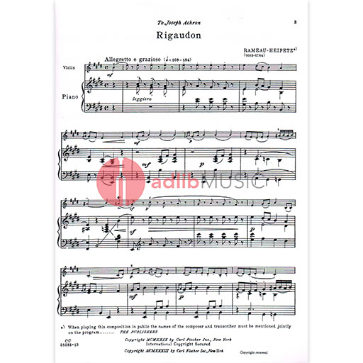 Heifetz - New Favourite Encores Folio - Violin/Piano Accompaniment Fischer O2137