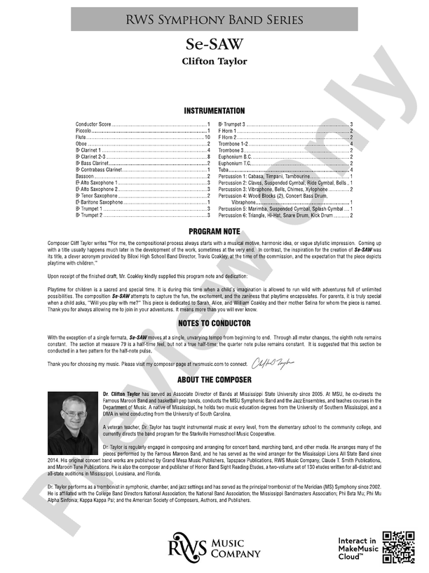 Se-SAW - Concert Band Conductor Score & Parts (Digital Download)