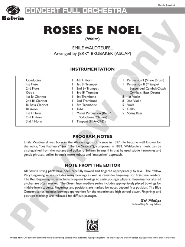 Roses de Noel (Waltz) – Full Orchestra Conductor Score & Parts (Digital Download)
