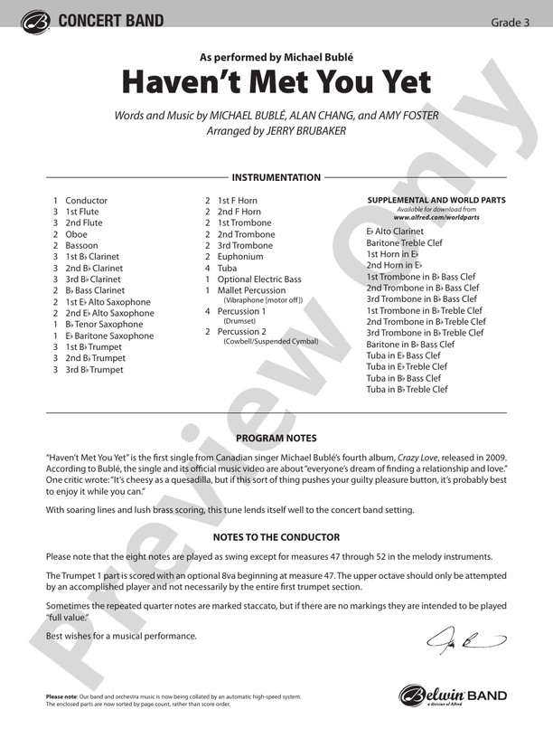 Haven't Met You Yet (Grade 3) - Concert Band Conductor Score & Parts (Digital Download)