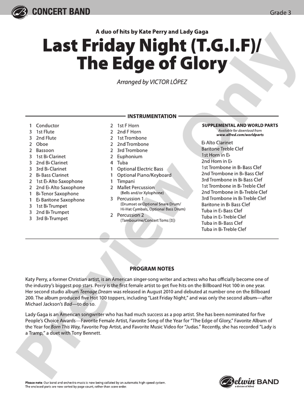 Last Friday Night (T.G.I.F) / The Edge of Glory - Concert Band Conductor Score & Parts (Digital Download)