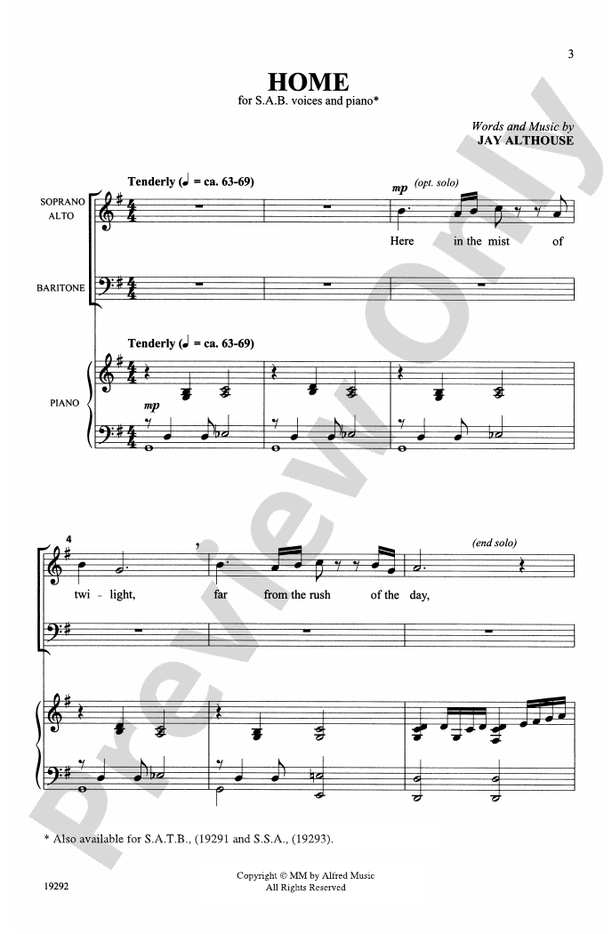 Home - Arr. Jay Althouse – SAB Choral Octavo (Digital Download)