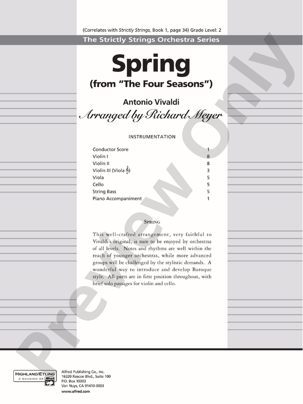 Spring from the Four Seasons – String Orchestra Conductor Score & Parts (Digital Download)