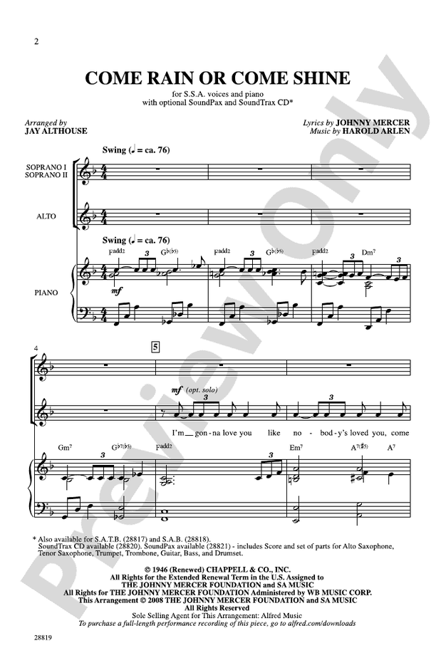 Come Rain or Come Shine – SSA Choral Octavo (Digital Download)