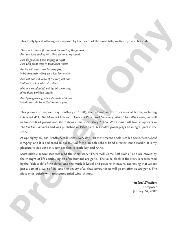 There Will Come Soft Rains - Concert Band Conductor Score & Parts (Digital Download)