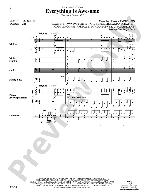 Everything Is Awesome (from The LEGO Movie) – String Orchestra Conductor Score & Parts (Digital Download)