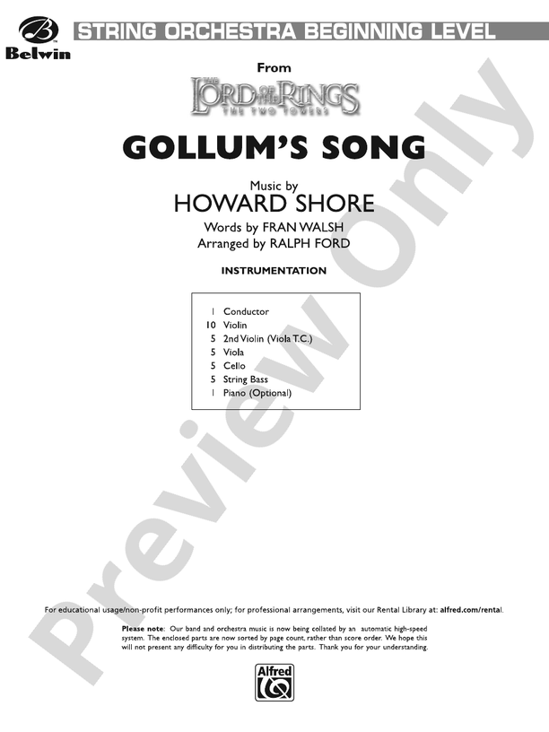 Gollum's Song (from The Lord of the Rings: The Two Towers) – String Orchestra Conductor Score & Parts (Digital Download)