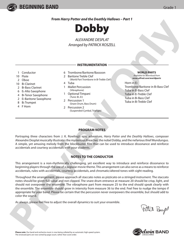 Dobby (from Harry Potter and the Deathly Hallows, Part 1) - Concert Band Conductor Score & Parts (Digital Download)