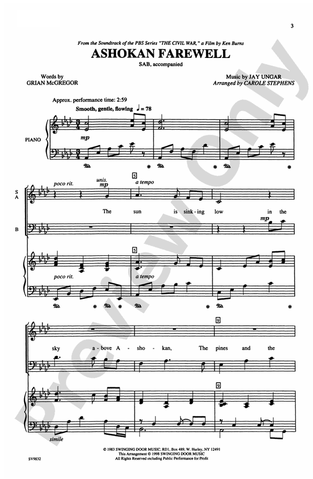 Ashokan Farewell (from "The Civil War," a Film by Ken Burns) – SAB Choral Octavo (Digital Download)