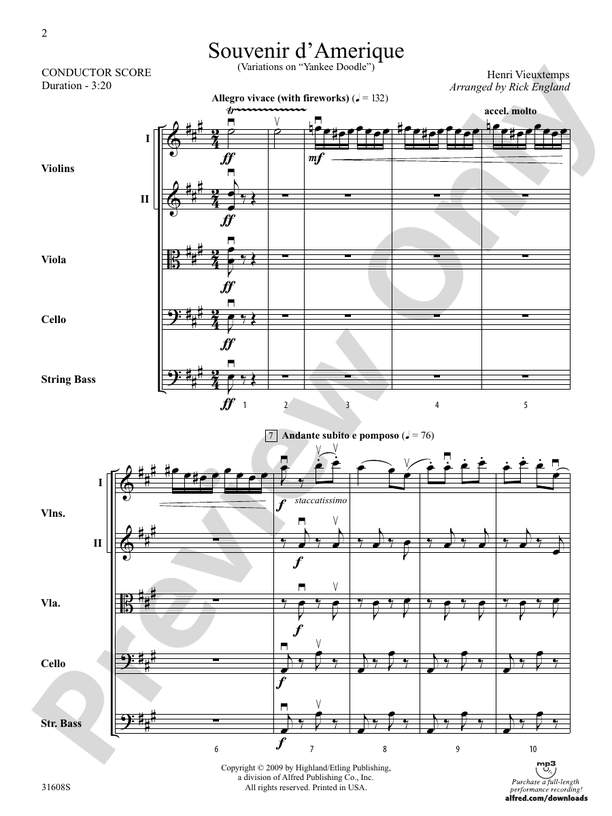 Souvenir d'Amerique – String Orchestra Conductor Score & Parts (Digital Download)