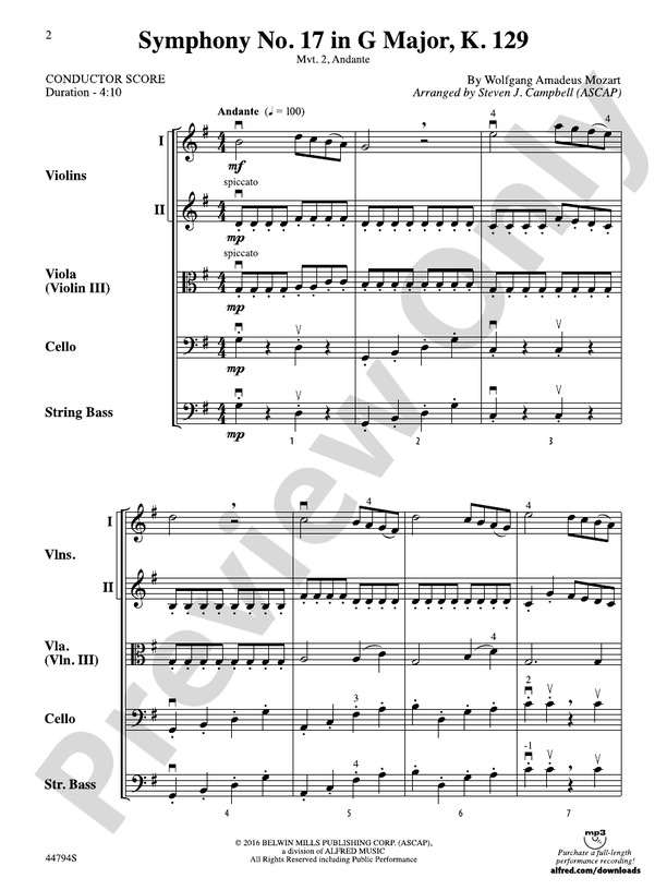 Symphony No. 17 in G Major, K. 129 - String Orchestra Conductor Score & Parts (Digital Download)
