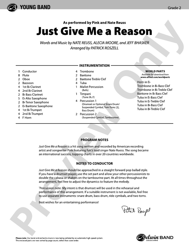 Just Give Me a Reason - Concert Band Conductor Score & Parts (Digital Download)