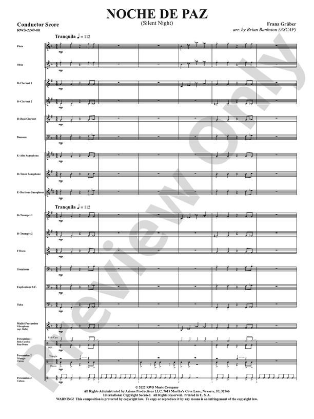 Noche de Paz - Silent Night - Concert Band Conductor Score & Parts(Digital Download)