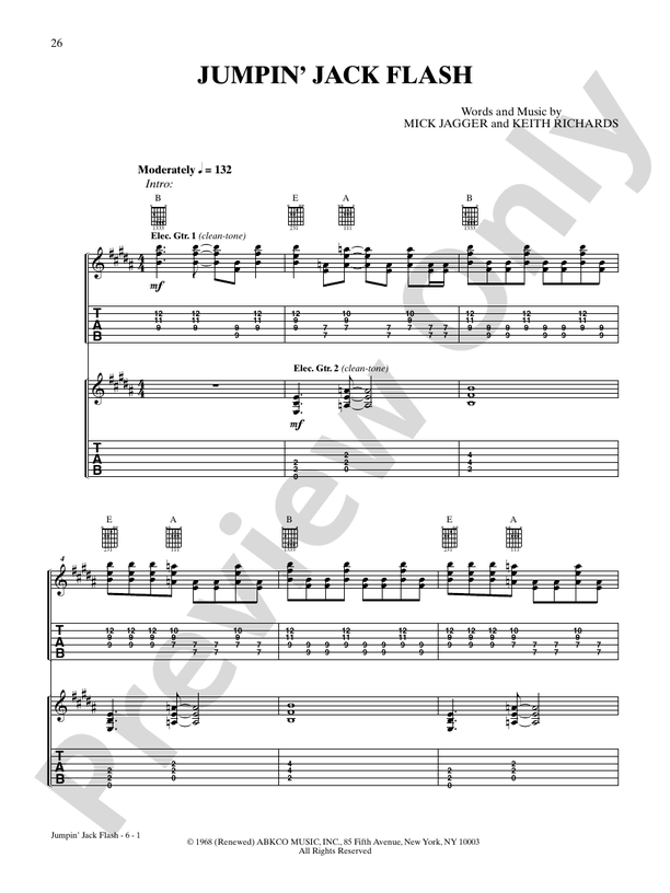 Jumpin' Jack Flash - Interm./Easy Guitar TAB (Digital Download)