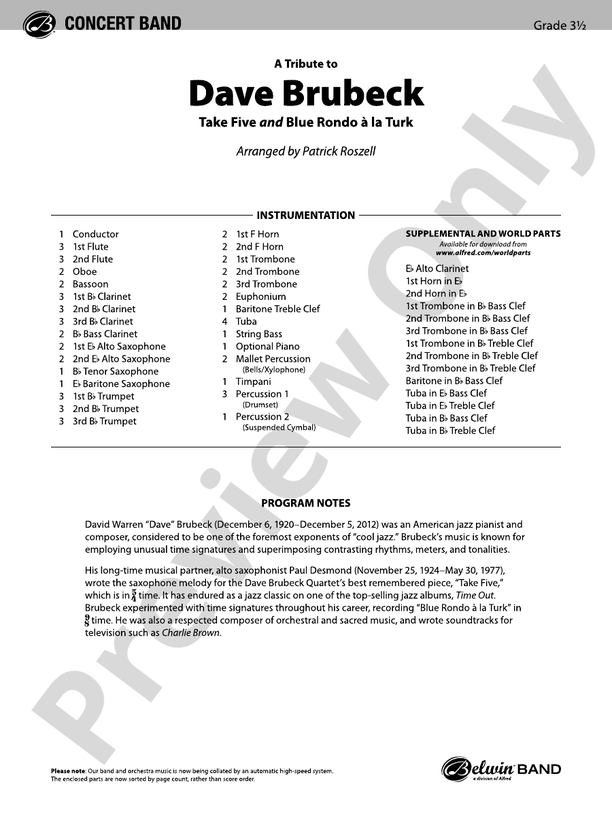 A Tribute to Dave Brubeck - Concert Band Conductor Score & Parts (Digital Download)