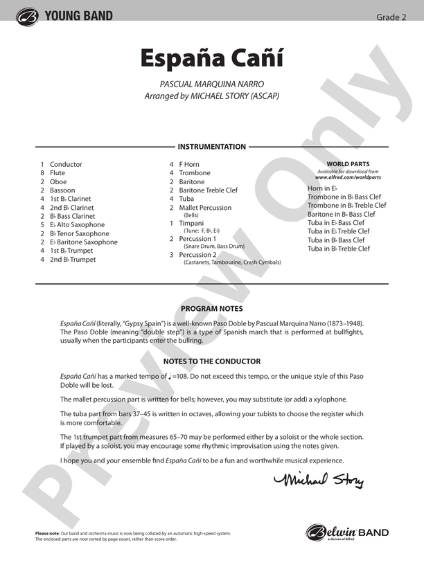 Espana Cani - Concert Band Conductor Score & Parts (Digital Download)