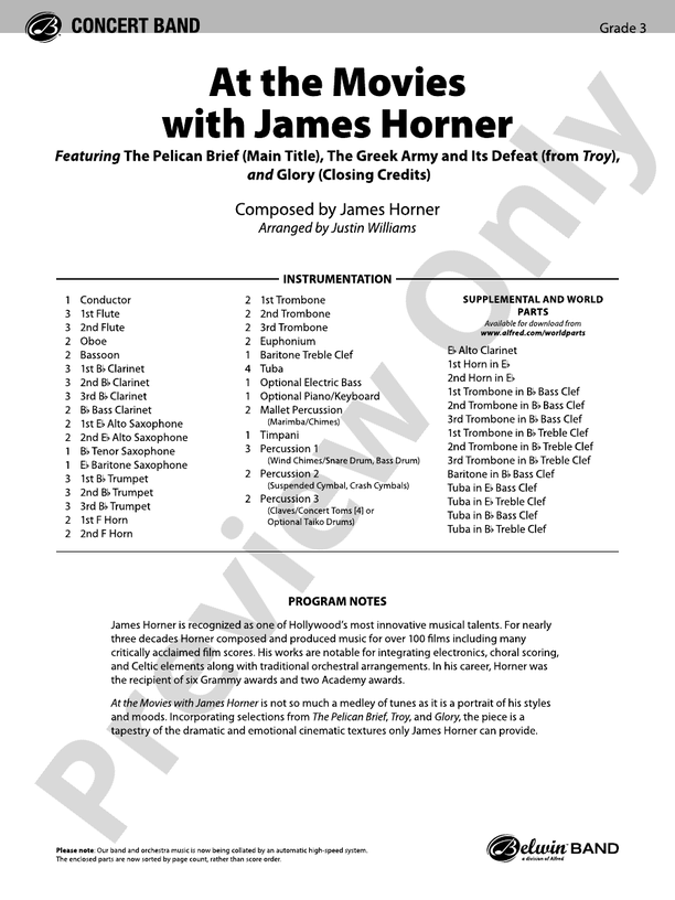 At the Movies with James Horner - Concert Band Conductor Score & Parts (Digital Download)