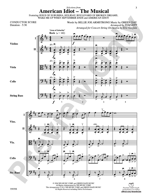 American Idiot -- The Musical, Selections from – String Orchestra Conductor Score & Parts (Digital Download)