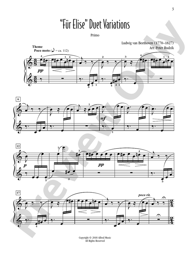 "Fur Elise" Duet Variations - 2 Pianos (Digital Download)