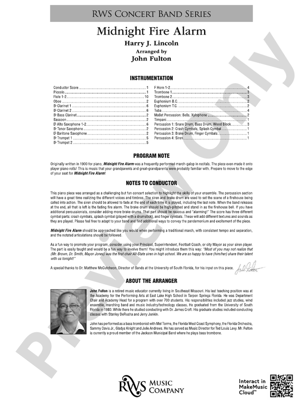 Midnight Fire Alarm - Concert Band Conductor Score & Parts (Digital Download)