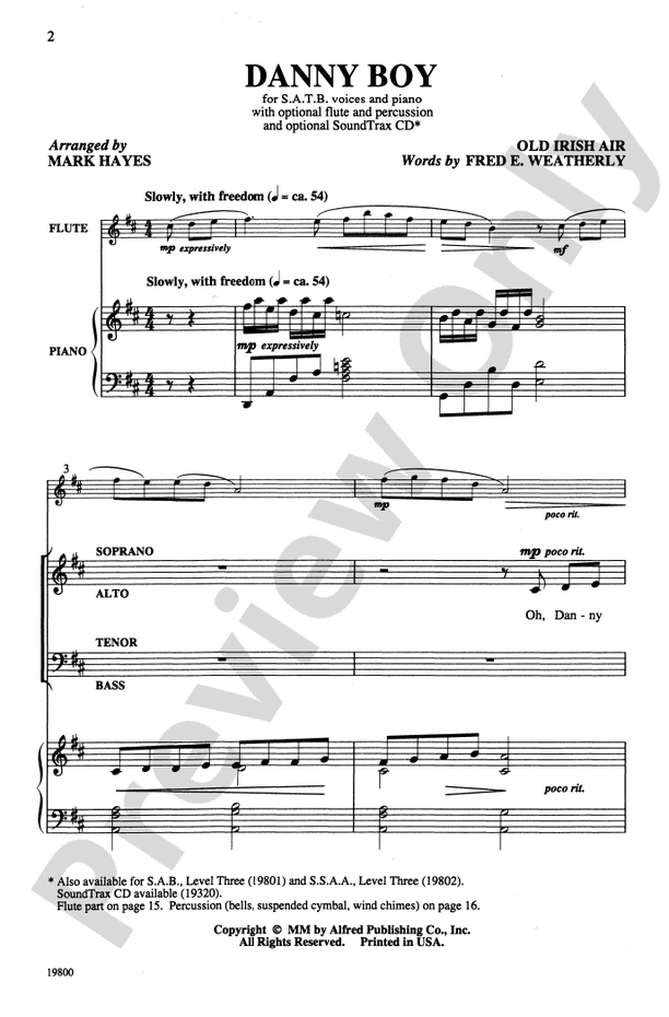 Danny Boy - Arr. Mark Hayes – SATB Choral Octavo (Digital Download)