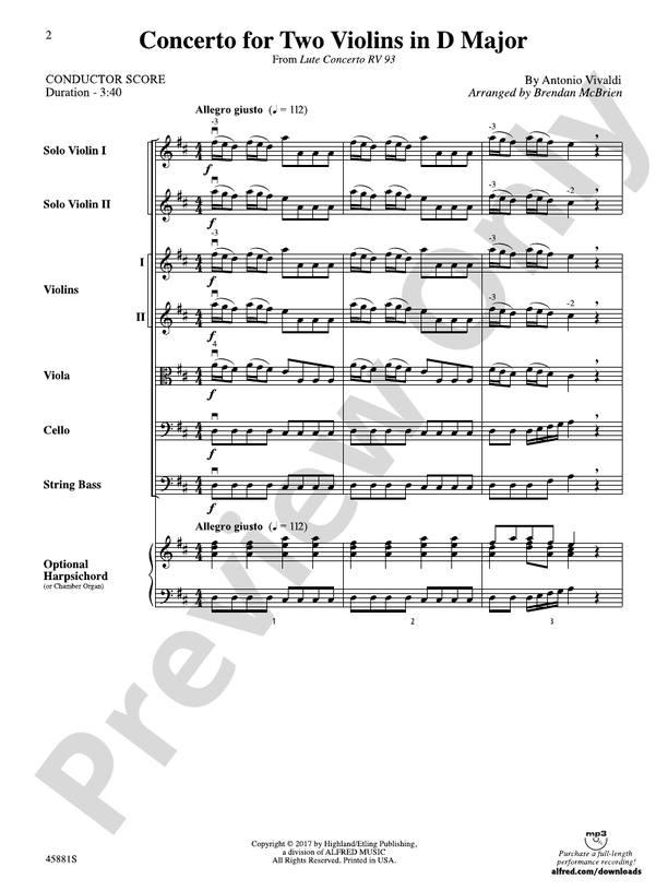 Concerto for Two Violins in D Major - String Orchestra Conductor Score & Parts (Digital Download)