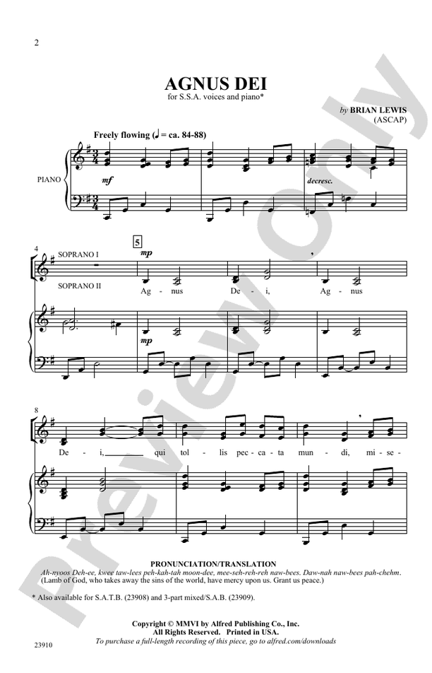 Agnus Dei - SSA Choral Octavo (Digital Download)
