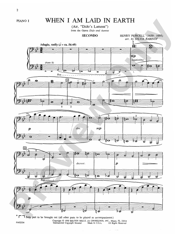 When I Am Laid in Earth (Air, "Dido's Lament" from the opera Dido and Aeneas) - 2 Pianos, 8 Hands (Digital Download)