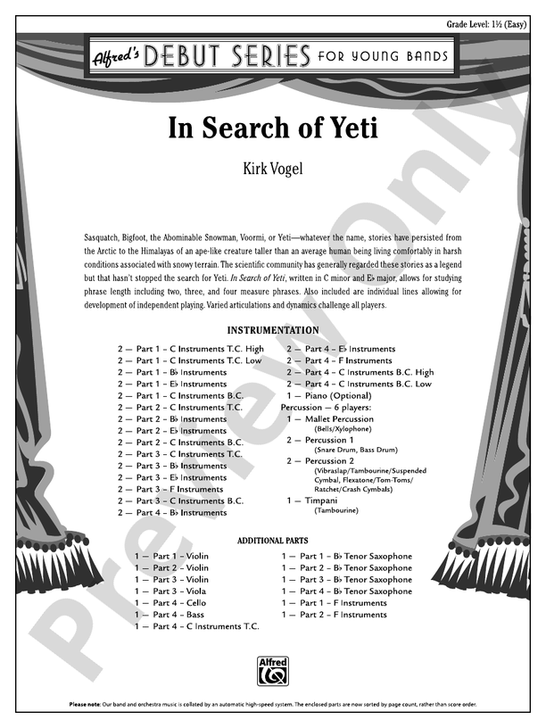 In Search of Yeti  (Flexible Arrangement) - Concert Band Conductor Score & Parts (Digital Download)