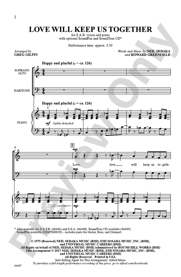 Love Will Keep Us Together – SAB Choral Octavo (Digital Download)
