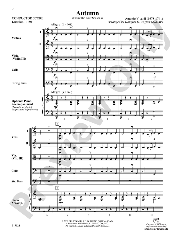 Autumn from The Four Seasons (Grade 1.5) – String Orchestra Conductor Score & Parts (Digital Download)