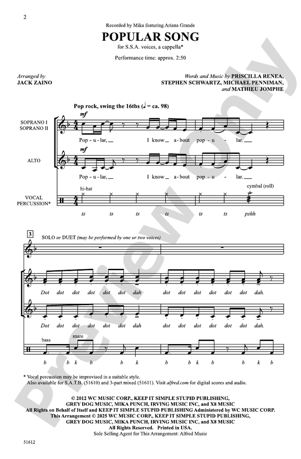 Popular Song - SSA Choral Octavo (Digital Download)