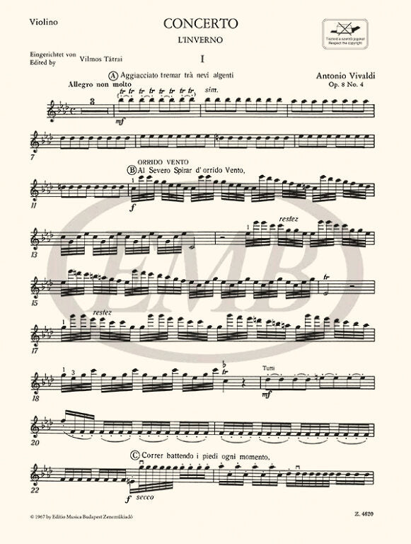 Vivaldi - Four Seasons Op8/4 Winter - Violin/Piano Accompaniment EMB Z4620