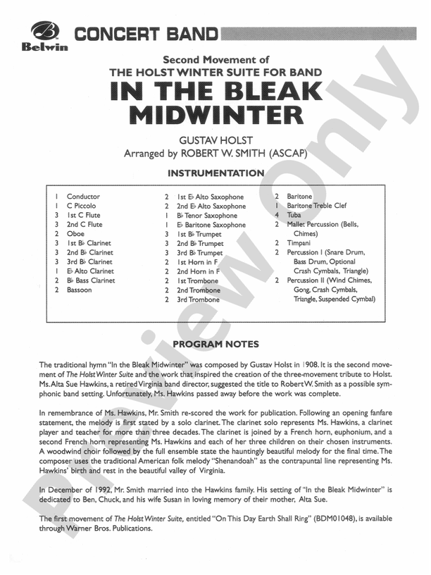 In the Bleak Midwinter (Grade 3) - Concert Band Conductor Score & Parts (Digital Download)
