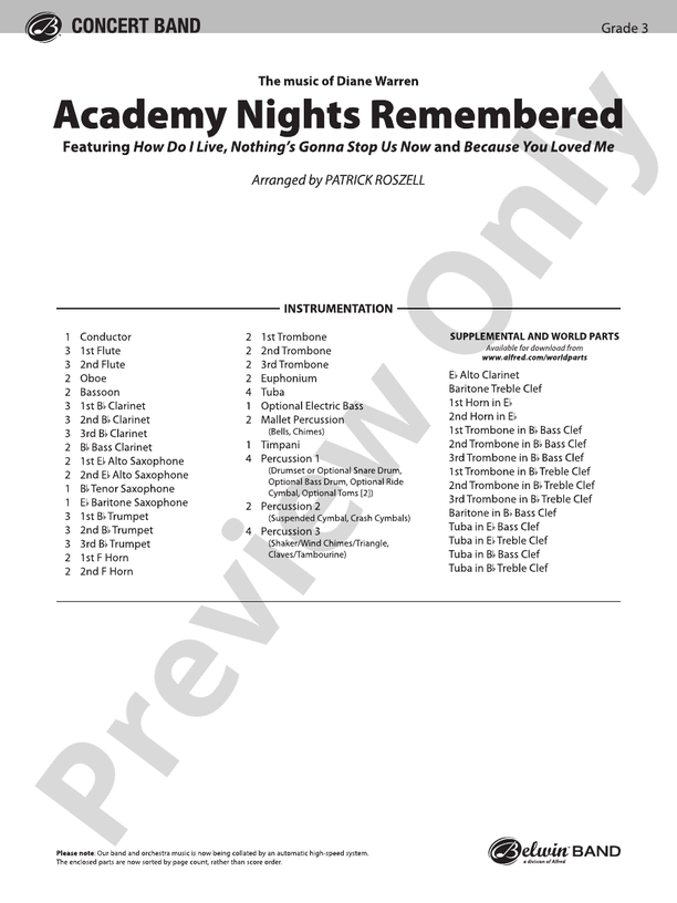 Academy Nights Remembered (The Music of Diane Warren) - Concert Band Conductor Score & Parts (Digital Download)