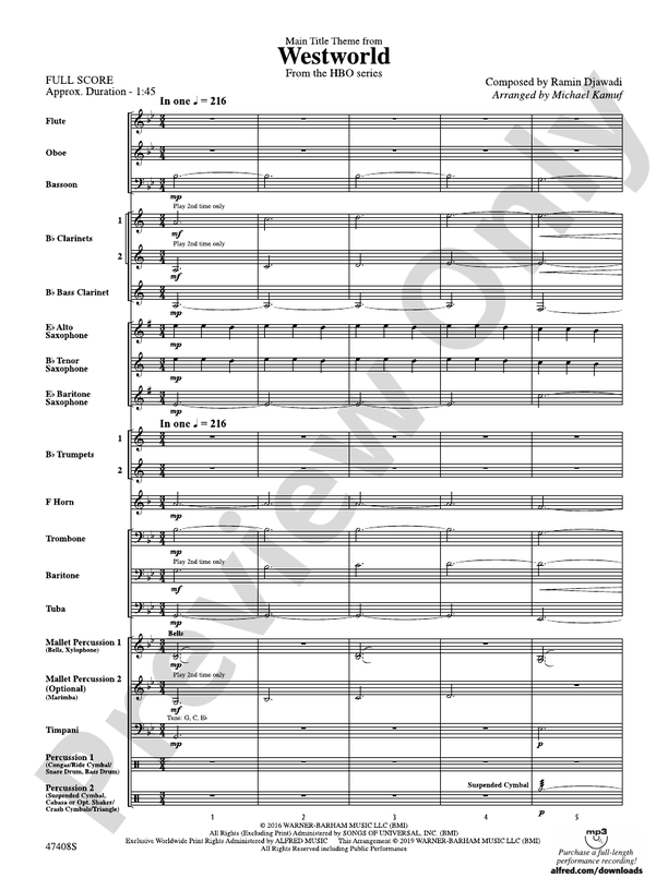 Main Title Theme from Westworld - Concert Band Conductor Score & Parts (Digital Download)