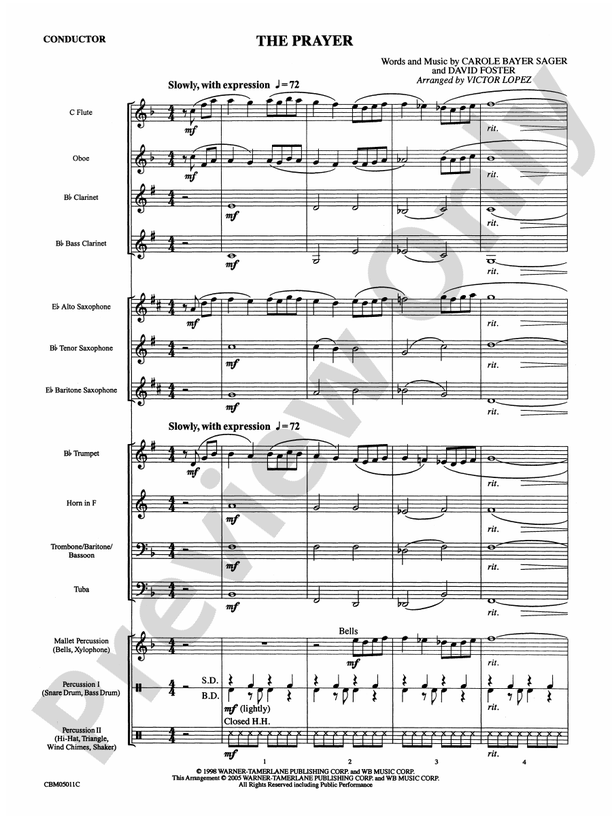 The Prayer - Concert Band Conductor Score & Parts (Digital Download)