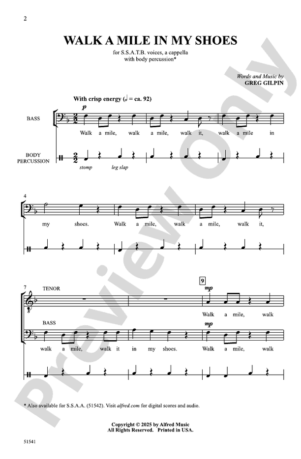 Walk a Mile in My Shoes - SSATB Choral Octavo (Digital Download)