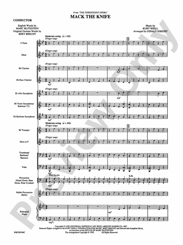 Mack the Knife (from The Threepenny Opera) - Concert Band Conductor Score & Parts (Digital Download)