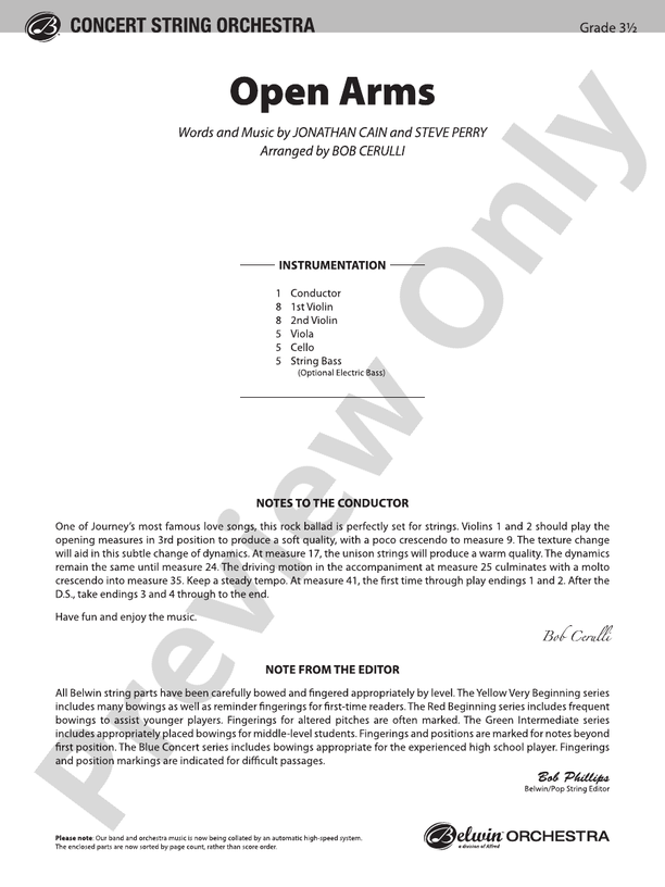 Open Arms – String Orchestra Conductor Score & Parts (Digital Download)