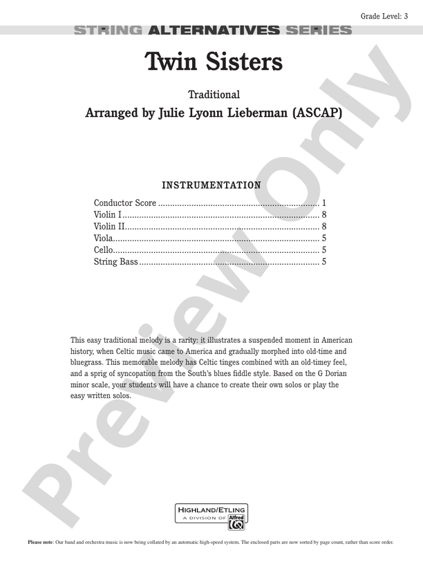 Twin Sisters – String Orchestra Conductor Score & Parts (Digital Download)