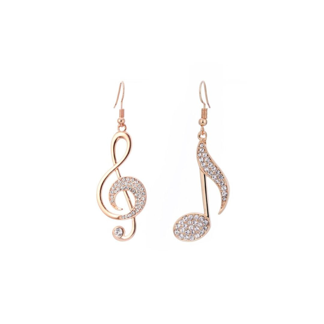 Rose Gold Drop Earrings with Treble Clef and Quaver Shapes.